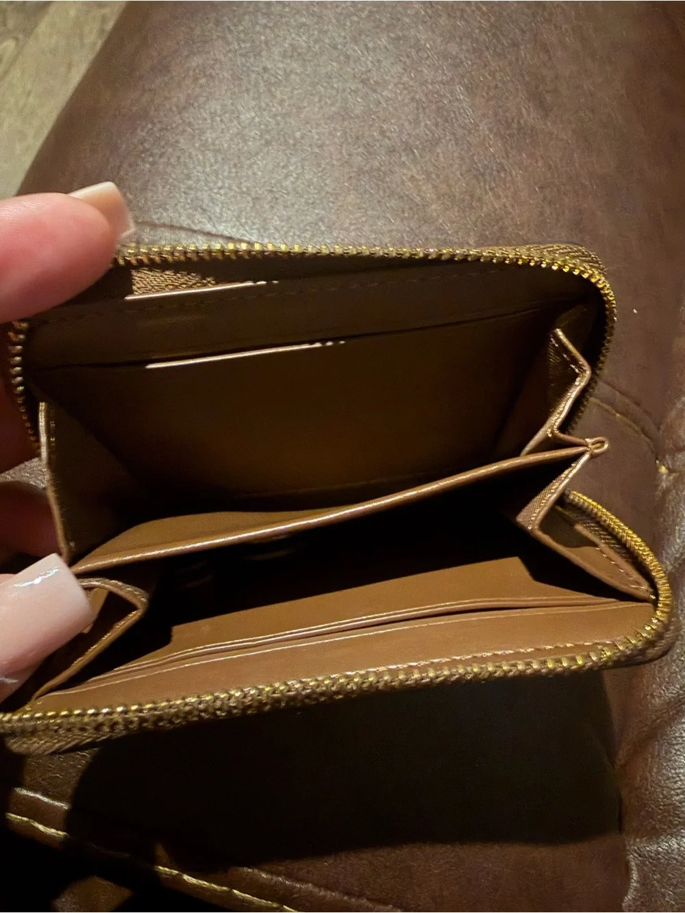 Coach Signature Zip Card Case in Khaki and Gold-Tone